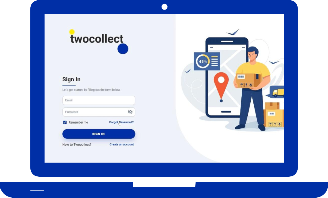 The TwoCollect sign-in screen on a laptop