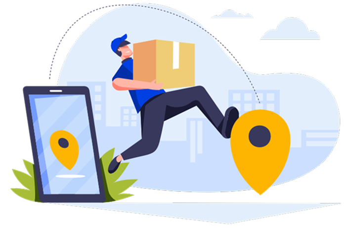 A courier carrying a parcel from a phone to a destination pin