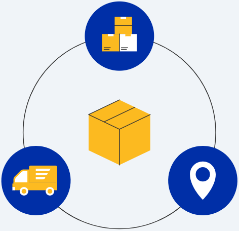 A parcel surrounded by packages, a delivery truck and a destination pin