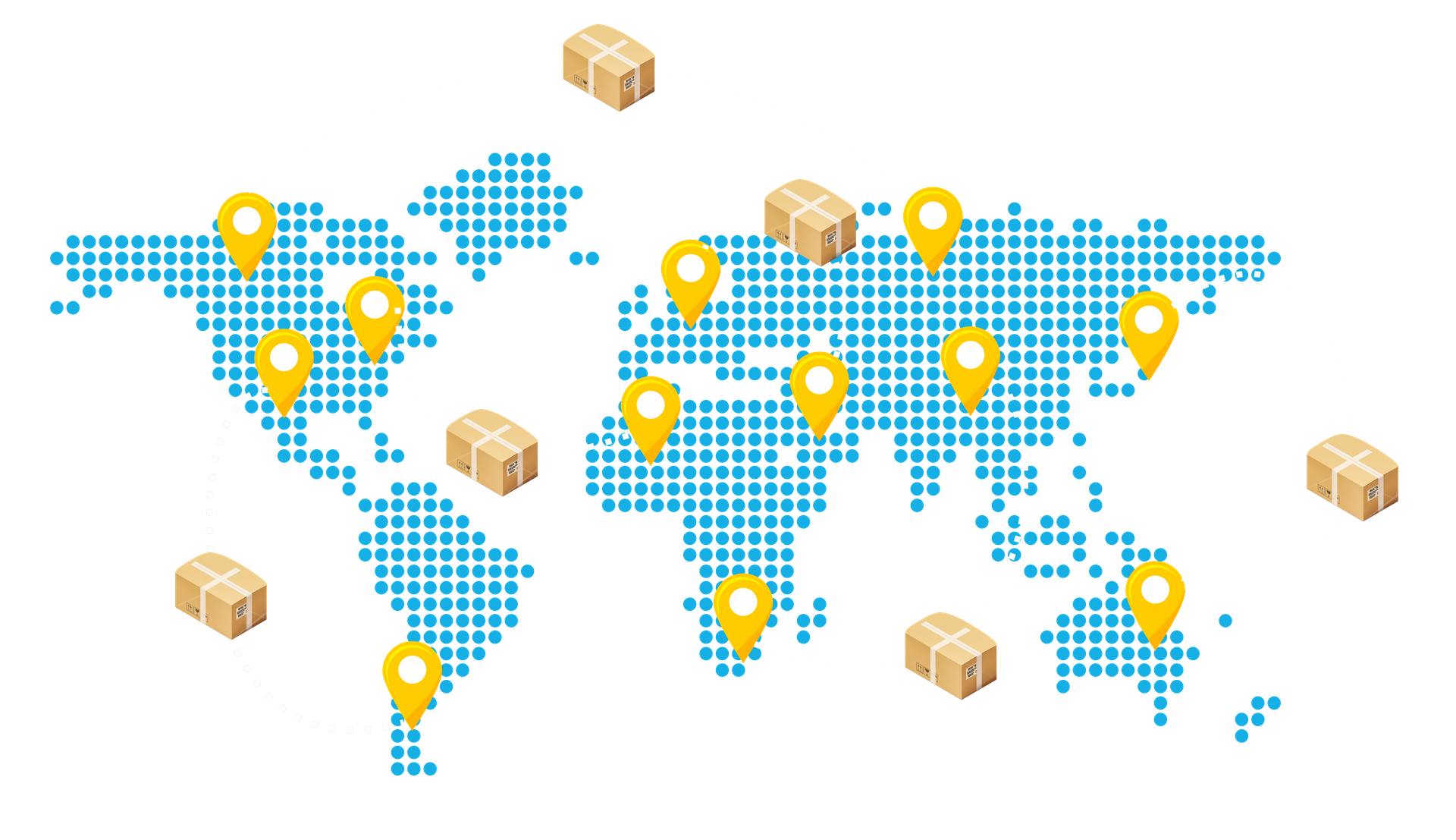 A world map with parcels and destination pins